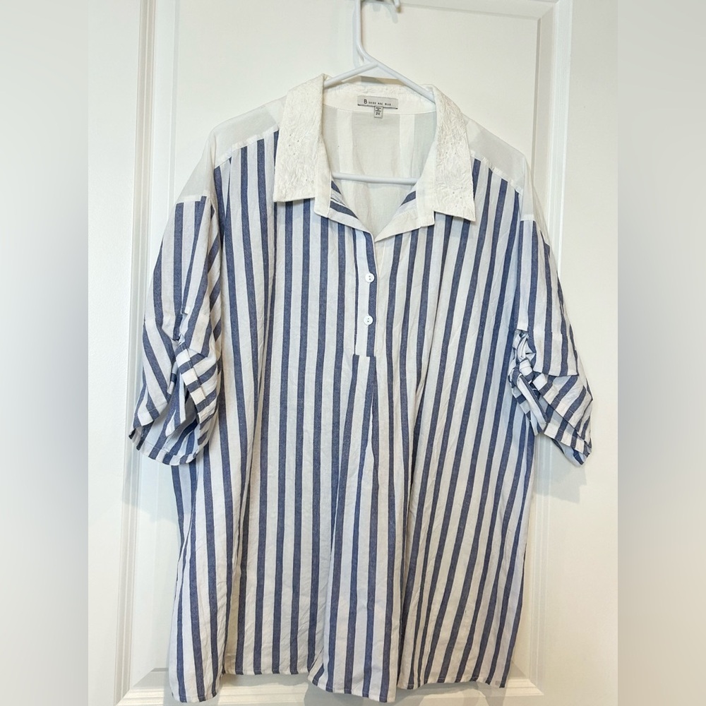 Blue and White Striped Lightweight Blouse 2X